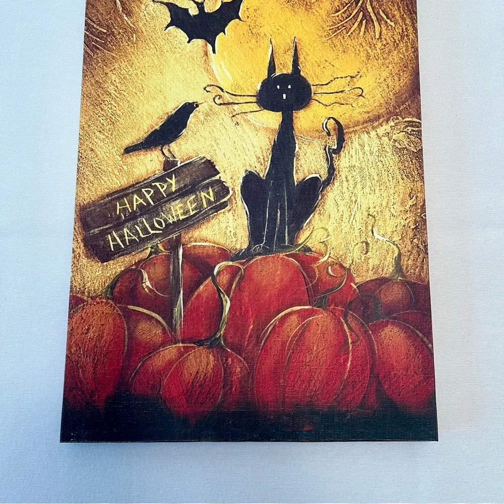 Happy Halloween New Canvas Hanging Wall Picture Art Old Word Spooky Cat Bat Crow